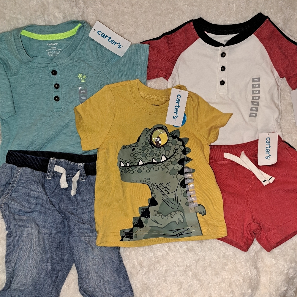 Nwt Carter's Summer LOT 9 MONTHS Set Dinosaur Tee, Denim, Shorts, Baseball Tee